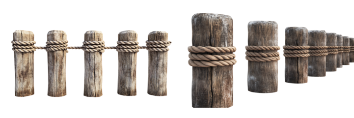 Weathered Wooden Posts with Rope on Transparent Background