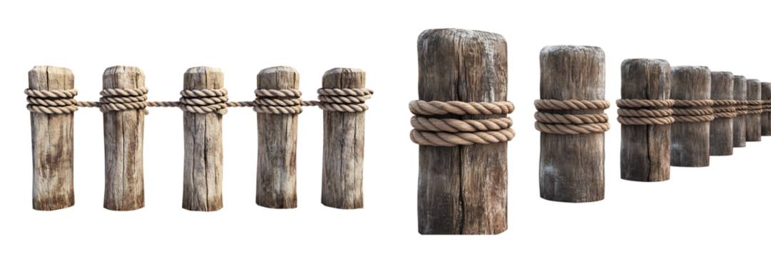 Weathered Wooden Posts with Rope on Transparent Background
