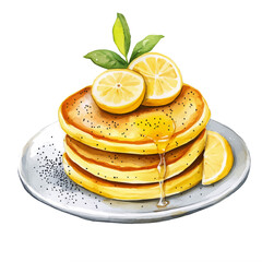 Lemon Poppy Seed Pancakes, watercolor vector, high quality, isolated on a white background.