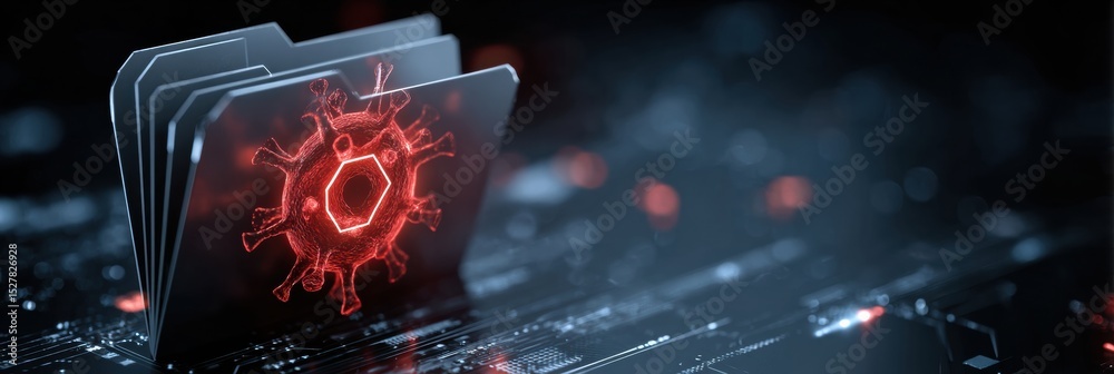 Poster antivirus scanner displays phishing folder highlighted on a digital interface with red accents, emph