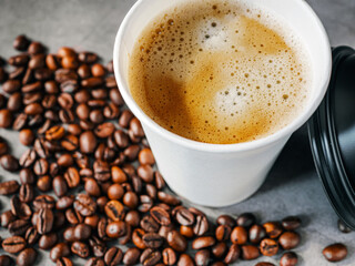 Coffee crema espresso in paper Coffee cup and bean on gray background, Top view of Espresso in ...