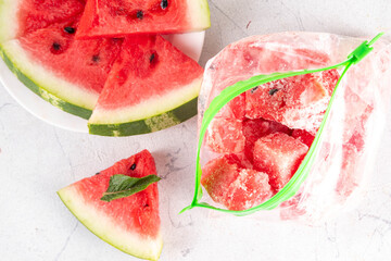 Frozen watermelon slices, cubes in freezing bags