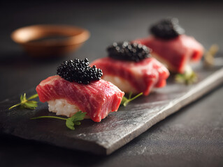 Wagyu beef sushi with thinly sliced seared wagyu laid over Japanese rice, topped with black caviar.