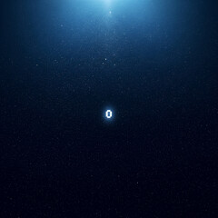 Fototapeta premium Compared to Zero, Everything is Infinity, conceptual cosmic view. Single, luminous pixelated number '0' hovers in the star-studded deep blue cosmos. Celestial glow emanates from the top