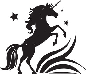 Rearing unicorn surrounded by stars and sparkles, symbolizing power and enchantment in a fantasy landscape.