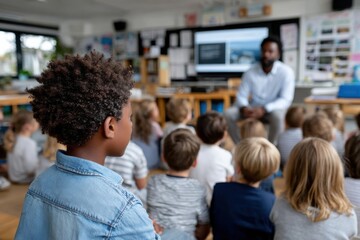 Obraz premium A child attentively absorbs knowledge in an interactive classroom setting, showcasing engagement and curiosity while surrounded by fellow students and a caring teacher's guidance.