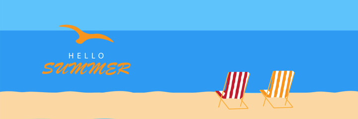 Abstract minimal summer horizontal poster, cover, banner, with bright sea, blue sky and striped beach chairs. Summer vacation illustration, holiday travel. Promo ad design template. vector