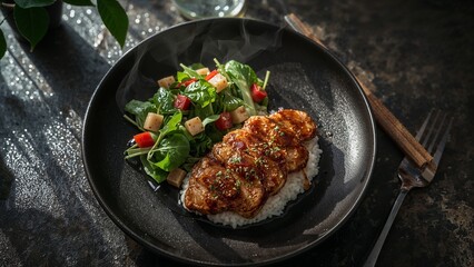 Grilled chicken with rice and mixed greens.
