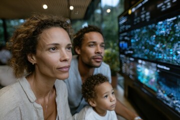 Fototapeta premium A family spends quality time together, captivated by a screen displaying colorful visuals, showcasing togetherness and modern tech's influence on relationships.