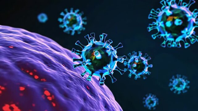 Rotating blue viruses about to invade and infect the host cell