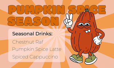 Pumpkin Spice Season Groovy character With Seasonal Drink Menu