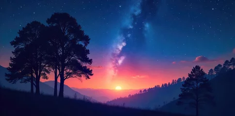 Poster Silhouetted trees stand tall against a starlit sky, a mystical glow emanating from the horizon Perfect for spiritual, nighttime, or fantasy themes , yoga, nature