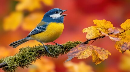 Obraz premium Colorful bird perched on branch, autumn leaves background, nature