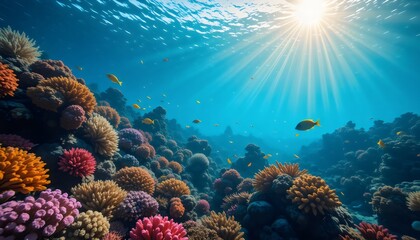 Obraz premium Experience Underwater Beauty: Vibrant Coral Reefs, Colorful Tropical Fish, Sunlit Ocean Scenes & Marine Life in a Stunning Coral Reef Diving Paradise