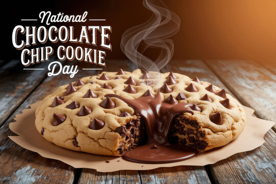 Giant chocolate chip cookie with melting center for national cookie day celebration