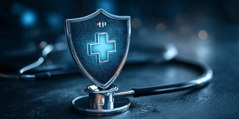 Digital Resilience in Healthcare A Cyber Shield Symbolizing Trust with Doctor s Stethoscope Icon