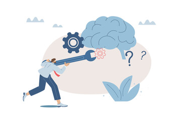 Personal skills improvement and development, Businessman holding a wrench adjusting gears brain,  Flat vector design illustration.