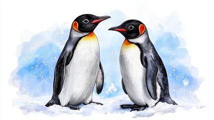 Obraz premium A pair of Emperor penguins stand on a snowy watercolor landscape, their elegant forms depicted in exquisite detail, a masterful artistic rende of Antarctic wildlife in a