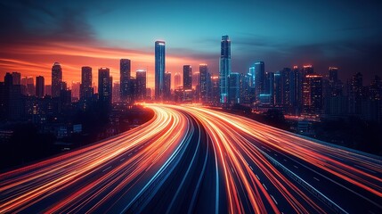 Fototapeta premium Stunning cityscape at sunset showcasing vibrant highway traffic light trails against a modern city skyline