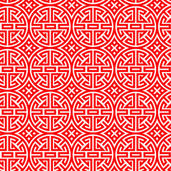 Intricate Red Chinese Knot Pattern with Geometric Symmetry. Seamless pattern.