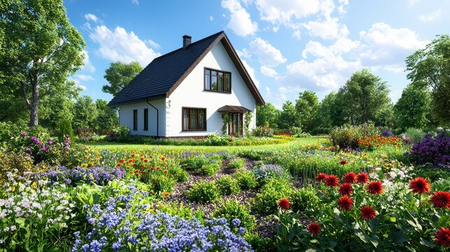 A charming white house with a dark roof is led amongst a vibrant celosia flower garden showcasing a beautiful landscape design in a sunny outdoor setting.