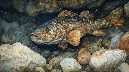 A large fish, mottled in brown, tan, and gray, rests amid rocks in a shallow stream.  Its mouth is open slightly, and its fins are spread.  The rocks are various shades of gray, tan, and brown