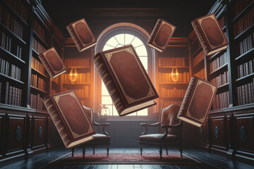 Floating antique books in elegant library with vintage armchairs and warm lighting