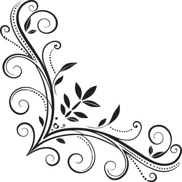 recommend clip art: A graceful black and white floral design featuring elegant swirls and dotted accents creates a beautifully ornate decorative corner border element.
