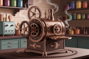 Vintage steampunk coffee machine in retro kitchen setting with steam