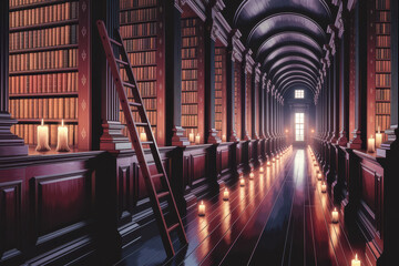 Majestic vintage library with endless wooden shelves and candlelit atmosphere