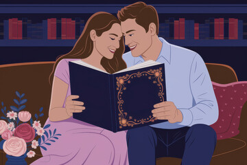 Romantic couple reading together on cozy sofa in dimly lit room with floral decor