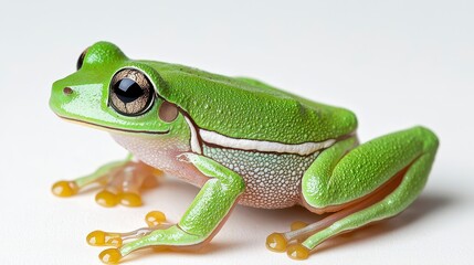 Obraz premium A vibrant green red-eyed tree frog, Agalychnis callidryas, showcases its striking features in a detailed close-up studio shot against a clean white background perfectly