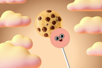 Whimsical cookie lollipop with cute face amid dreamy pink cloudscape