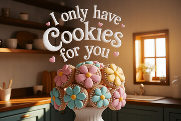Whimsical flower cookies in cozy kitchen setting with heartfelt message
