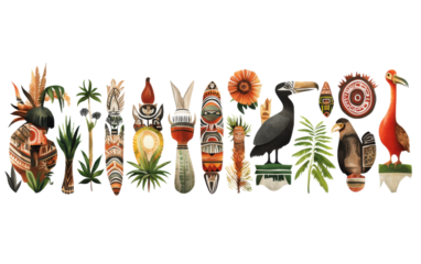 Series of drawings of birds and plants, including a bird with a red beak