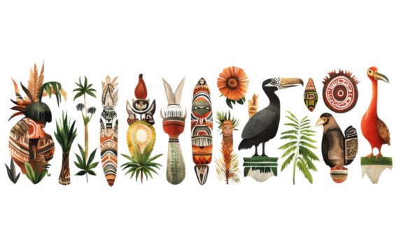 Series of drawings of birds and plants, including a bird with a red beak