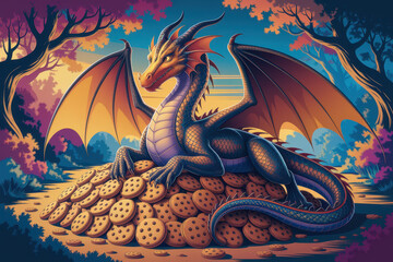 Majestic dragon guarding treasure of cookies in enchanted forest setting