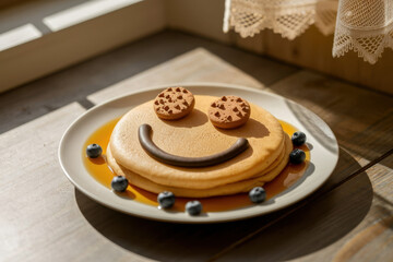 Creative pancake art with smile face and blueberries in sunlit kitchen