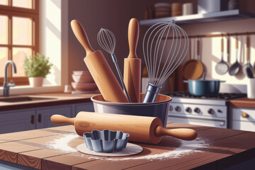 Cozy kitchen scene with baking tools and sunlit warmth