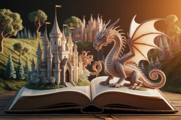 Fantasy castle and dragon on storybook: enchanting 3d art forest scene