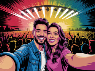 Vibrant concert selfie capturing joyous crowd under colorful stage lights