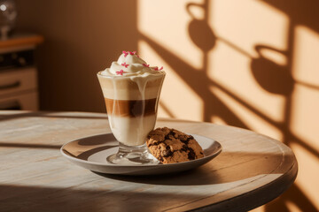 Morning coffee delight: layered latte with whipped cream and cookie on wooden surface