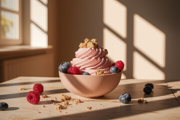 Sunlit berry frozen yogurt in ceramic bowl with fresh raspberries and blueberries