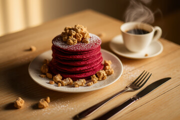 Delicious red velvet pancakes with coffee on wooden table for a cozy morning