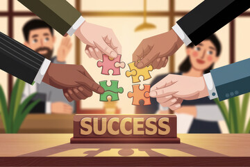 Teamwork and collaboration concept with puzzle pieces and success symbol