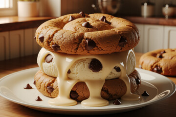 Delicious chocolate chip cookie ice cream sandwich with melted drizzle in cozy kitchen setting