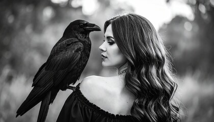 Woman and raven in monochrome forest setting