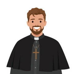 Smiling priest or clergyman wearing a black cassock with a clerical collar and a cross necklace. Flat vector illustration isolated on white background