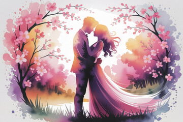 Romantic silhouette couple in dreamy spring blossom landscape watercolor art