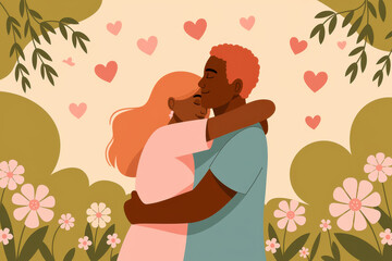 Romantic embrace amidst floral hearts: a captivating expression of love and affection